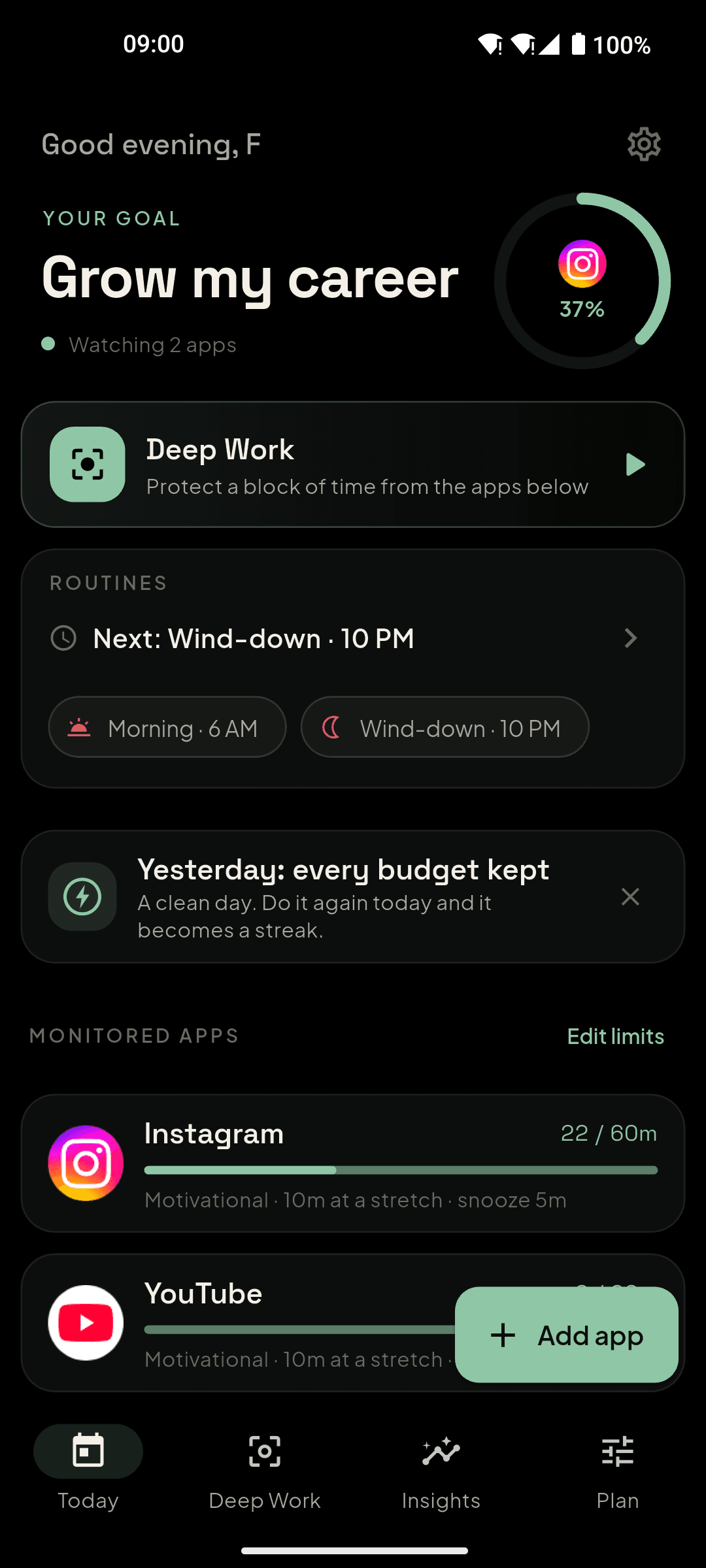 Today screen with goal, streak ring and monitored apps
